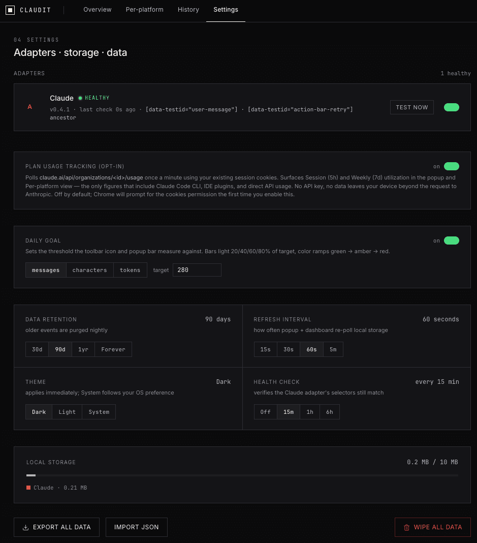 Claudit settings panel showing adapters, plan-usage tracking toggle, daily goal, retention, theme and health check.